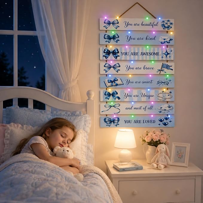 Cute Blue Bow Room Decor Set of 8 with Led Light for Teen Girls Kids Toddler, Preppy Inspirational Bow Wood Nursery Wall Decor for Dorm Bedroom, Dreamy Cozy Chic Motivational Princess Room Decor