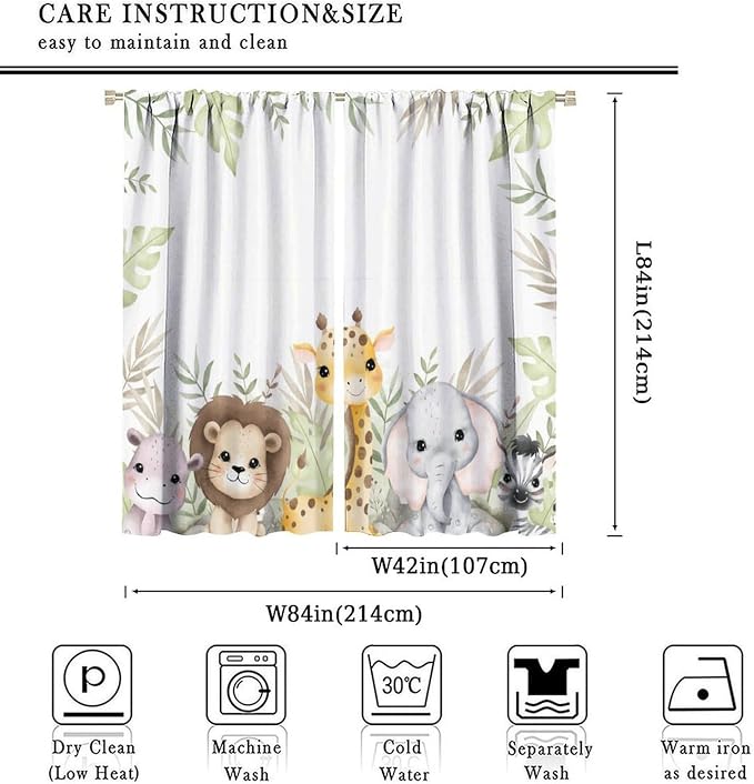 Nursery Curtains Jungle Safari Theme with Giraffe Print, Kids Room Classroom Decor, 84x84 Inches, 75% Blackout Fabric for Baby Nursery, Animal Cub Design, Easy Install & Machine Washable