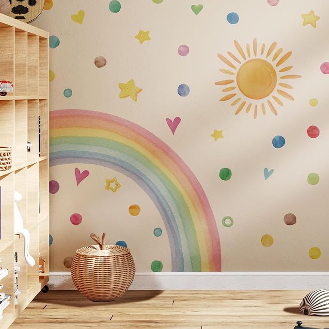 Large Sunshine Nursery Decor, Smile Sun and Color Bloom Wall Decal for Playroom, Classroom and Party, Watercolor Dreamscape