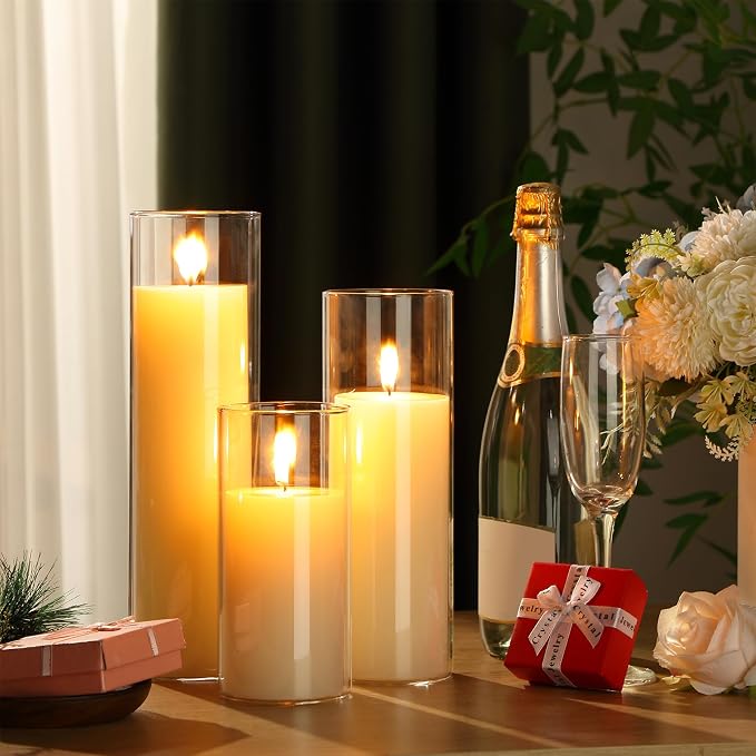 Shihanee Set of 6 Pillar Candles with Glass Cylinder Vases Clear Cylinder Hurricane Candleholders for Slim Tall Pillar Candles Wedding Table Centerpieces(3.4'' X 7", 9.8", 11.8",Ivory)