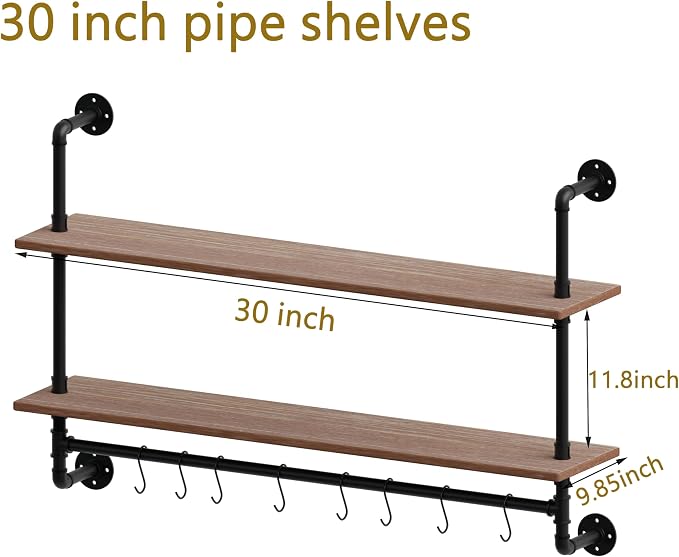 ROGMARS Industrial Pipe Shelving Bathroom Shelves with Towel bar | 30 inch Rustic Floating Shelves Pipe Wall Shelf with Hooks for Living room,Kitchen,Bedroom,Coffee Bar 2 Tier