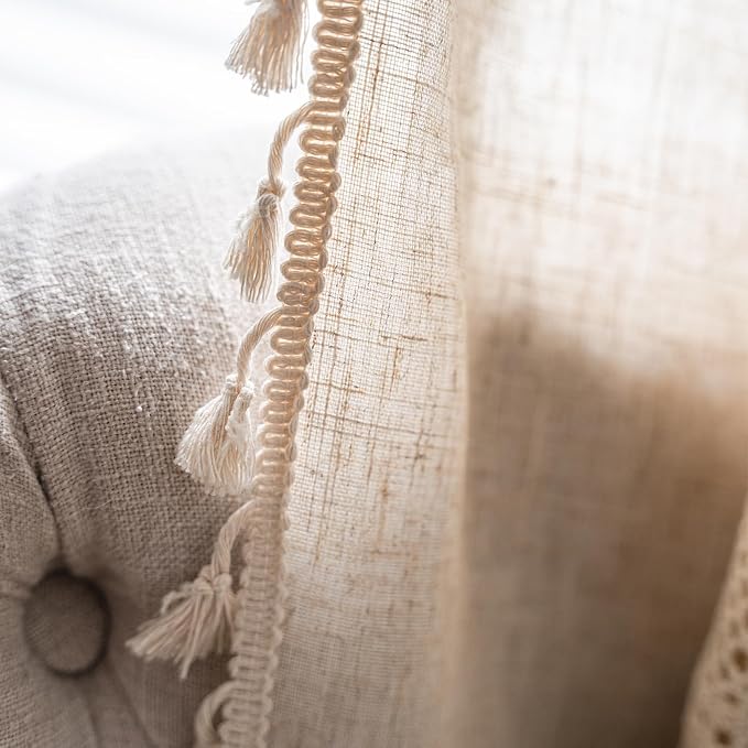 OYX Boho Curtains 63 Inch Crochet Lace Patchwork Light Filtering Bohemian Handmade Tassels, Rod Pocket Window Treatment Vintage Rustic Farmhouse Curtain for Kitchen Bathroom, 2 Panel, Beige