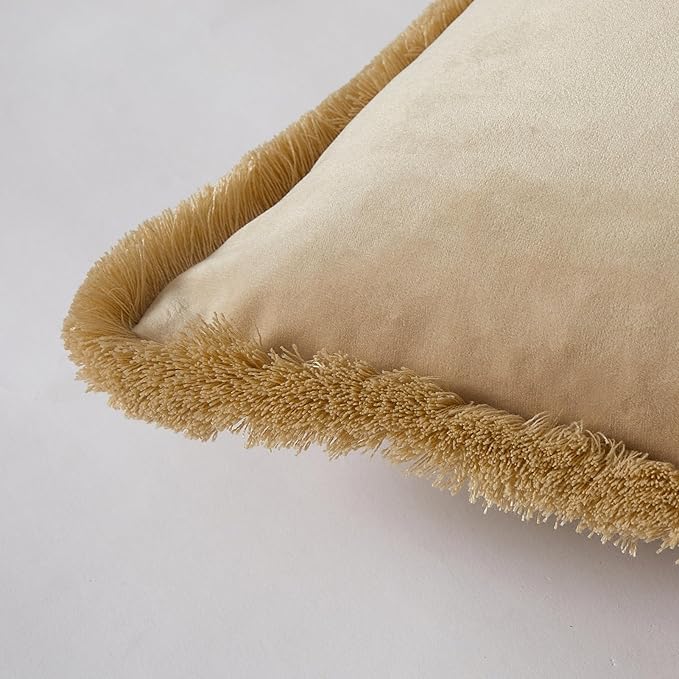 JUSPURBET Pack of 2 Khaki Decorative Fringe Velvet Throw Pillow Covers 16x16 for Home Decor Living Room Bedroom Car Boho Soft Cushion Cover with Hidden Zipper Machine Washable