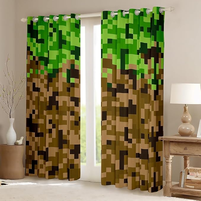 Miner Style Square Grid Window Curtain,Brown Green Pixelated Games Curtains for Kids Boys Teens Men Room Decor,Cartoon Gamepad Modern Window Treatment Curtain 100% Blackout Window Drapes,38Wx54L
