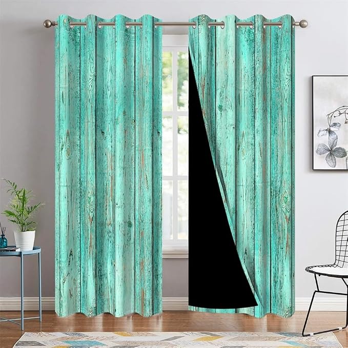 Mint Green Window Curtains Vintage Rustic Wood Plank Old Barn Door Garage Door Vertical Striped Wood Farmhouse Rural Farm Style Living Room Bedroom Drapes Treatment,26x84 inch,2 Panels