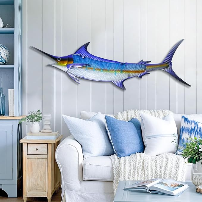 LIFFY Metal Fish Wall Decor,36" Large Marlin Wall Decor with Led Lights,Indoor Outdoor Mounted Ocean Hanging Decorations for Garden Patio Living Room Bedroom,Gift for Home Decor & Nautical Lover