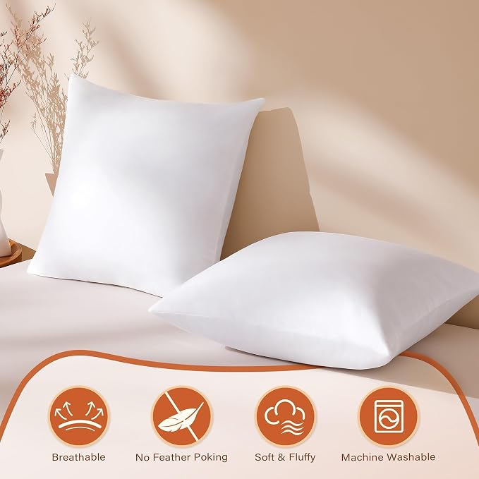 DOWNSTORIA 22x22 Feather Down Pillow Inserts Set of 2, Decorative Pillows with 100% Coton Cover, Throw Pillow for Bed, Couch and Sofa.