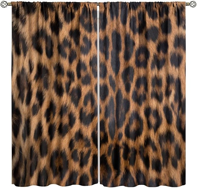 Leopard Print Blackout Curtain, Black Brown Fur Leopard Print Wild Animal Skin Drapes, Window Treatments Rod Pocket 2 Panels Curtains for Nursery Living Room Bedroom Office Decor 42"W X 63"L