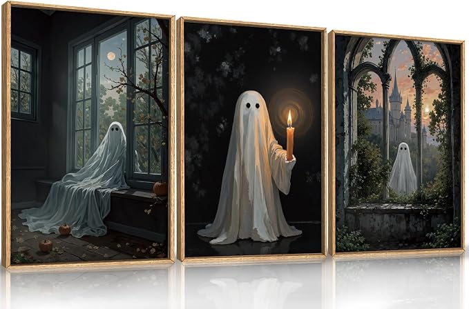 LHIUEM Large Halloween Cute Ghost Framed Canvas Wall Art Set,Vintage Spooky Wall Decor,Retro Dark Prints,Midnight Candle Poster Artwork for Living Room,Bathroom,Dining Room -24"x36"x3