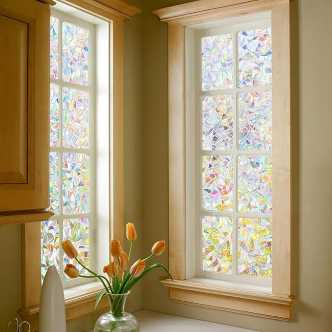 Finnez Window Privacy Film Rainbow Decorative Window Film, 3D Static Stained Glass Cling Tint for Home Heat Control Non-Adhesive, 23.6 x 78.7 inches