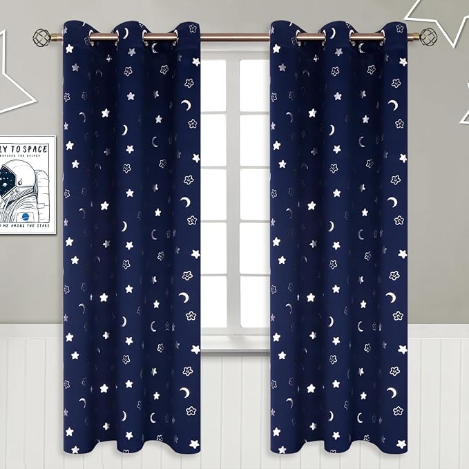 BGment Kids Curtains for Bedroom 72 Inch Length 2 Panels Set, Star and Moon Blackout Curtains for Boys Room Decor, Nursery Thermal Insulated Room Darkening Curtains with Grommet, 42 Wide, Navy Blue