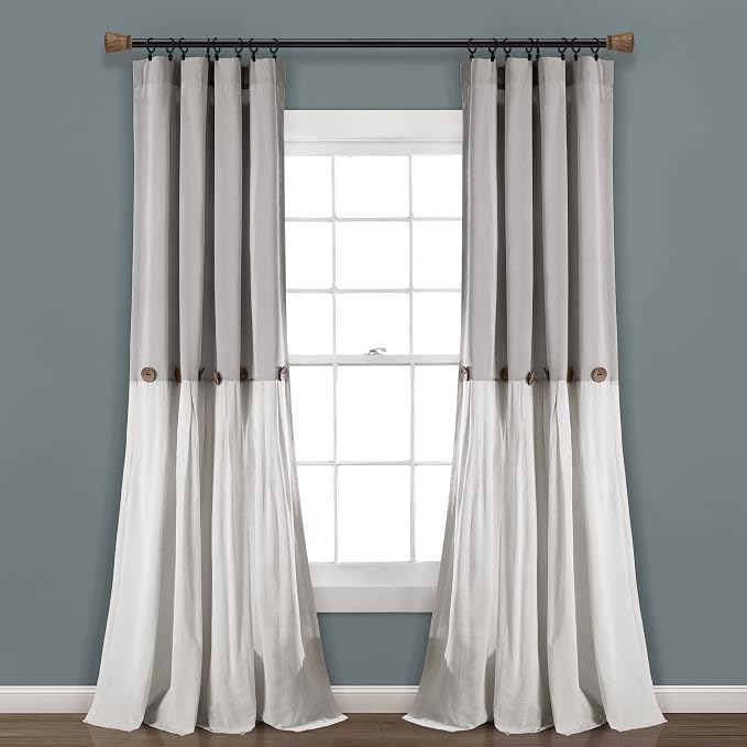 Lush Decor Linen Button Window Curtain Panel, Single, 40" W x 108" L, Gray & Off White - Country Curtains - Rustic Decor - Color Block Modern Farmhouse Curtains For Living Room, Bedroom & Dining Room