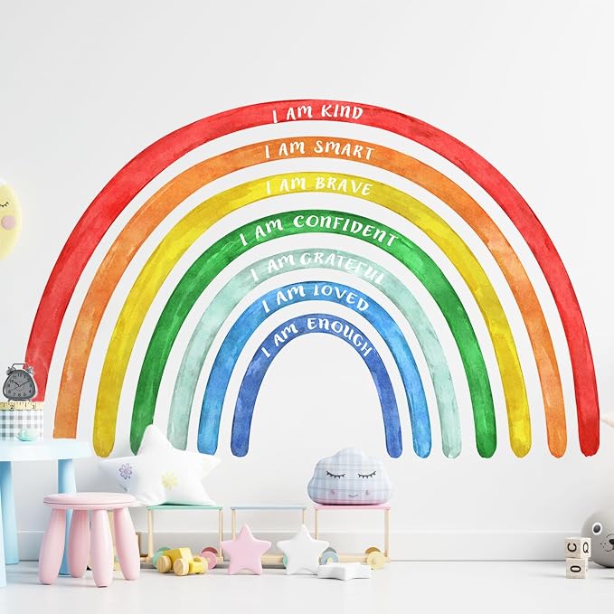 Tinideya 77" x 47'' Large Watercolor Rainbow Wall Decal with Inspirational Quote, Peel and Stick Rainbow Stickers Watercolor Vinyl Wall Mural Art for Girls Toddlers Playroom Bedroom Classroom(Bright)