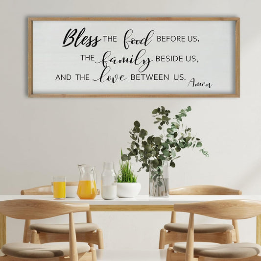 SRSZHIYUE Bless the Food Before Us Wall Sign Decor 40"×15" Christian Bible Verse for Farmhouse Rustic Kitchen Dining Room Framed Wood Scripture Religious Jesus Prayer Wall Art (Wood)