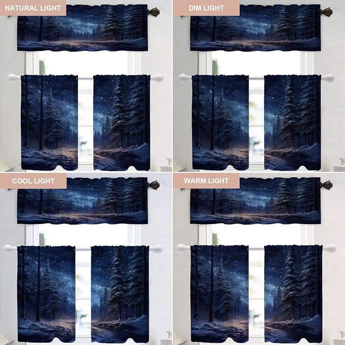 Shrahala Winter New Year Blackout Curtain Tiers, Stars Forests Snow Night Kitchen Valance Light Blocking Tier Drapes with Rod Pocket, 2 Pack 26 X 36 in