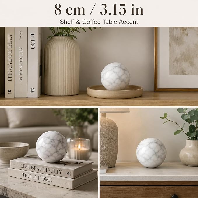 White Marble Decorative Sphere, 8cm Natural Stone Orb | 3.15 in Stone Decor Balls for Coffee Table, Decorative Bowl, Entryway and Console Table Styling