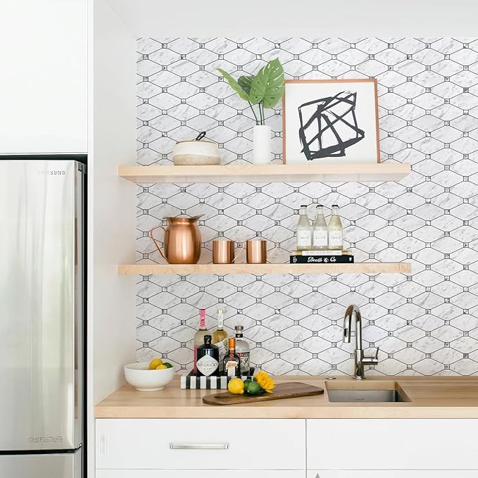 STICKGOO 10 Sheets Peel and Stick Backsplash, Carrara White Stick on Mosaic Tiles for Kitchen Wall Decor, PVC Mixed Glass Self Adhesive Peel and Stick Tile