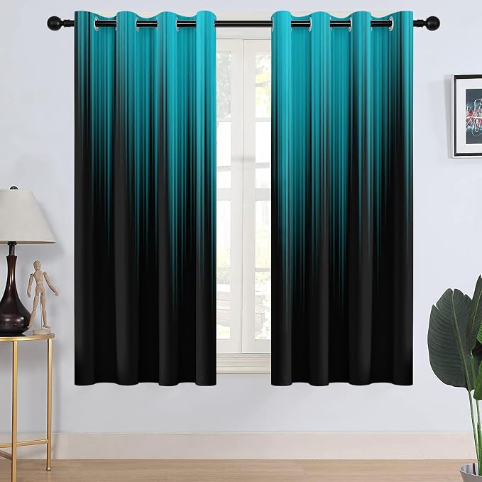 AAtter Teal Black Window Curtains, Room Darkening, Grommet 42" W x 63" L | Turquoise Modern Ombre Drapes, Abstract Striped High Precision Fabric, Aqua Anime Design, 2 Panels Bedroom Decor for Men