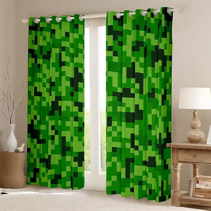 Castle Fairy Green Pixel Miner Blackout Curtains for Boys Bedroom,100% Blackout Gamer Curtains Kids Game Room Decor,Video Game Gamepad Geometric Grommet Window Drapes,2 Panels 42Wx84L