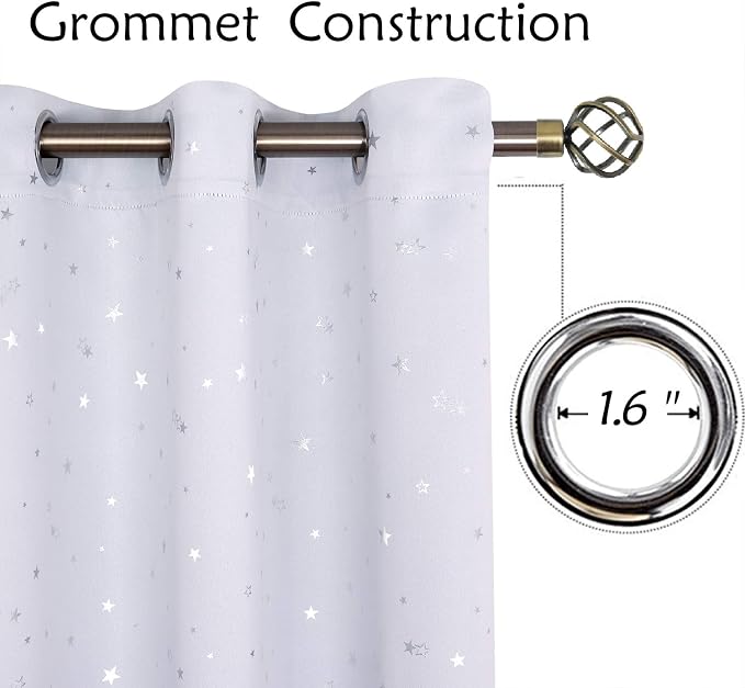 BGment Kids Room Curtains for Bedroom - Grommet Thermal Insulated Silver Star Print Room Darkening Curtains for Living Room, Set of 2 Panels, 52 x 72 Inch, Greyish White