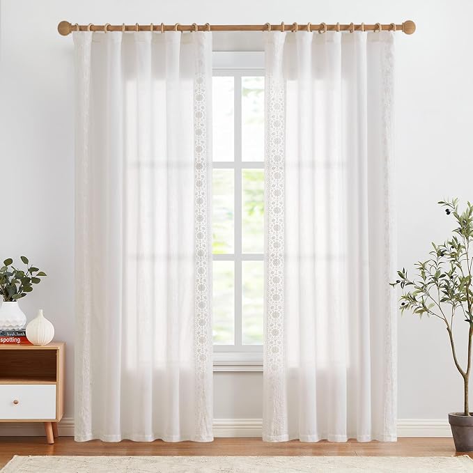 jinchan Weslie White Linen Curtains for Bedroom Vintage Floral Farmhouse Curtains 84 Inches Long Linen Drapes for Living Room Embroidered Light Filtering Drapes Cottagecore Off White 2 Panels