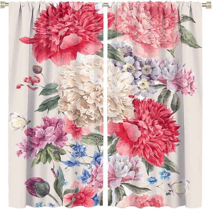 Floral Blackout Window Curtain Vintage Bouquet of Peony Wild Flowers Nature Botanical Leaf for Home Kitchen Restaurant Decoration Drapes 2 Panels 52x84in, Style-2