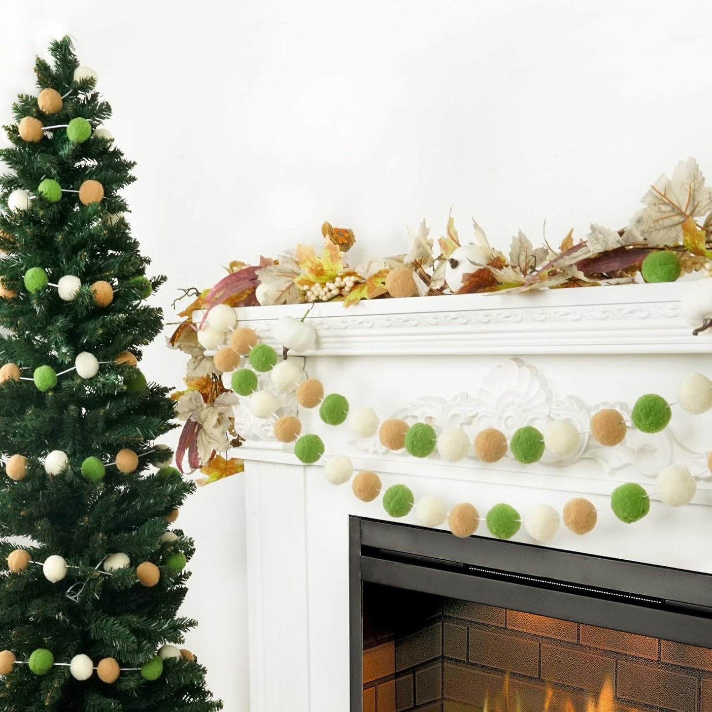 TBD Decor 2pk Pom Pom Garland 13FT Colorful Large Felt Ball Garland Fall Decoration for Mantle,Indoor Holiday Wedding Birthday Party Supplies(Green Brown)