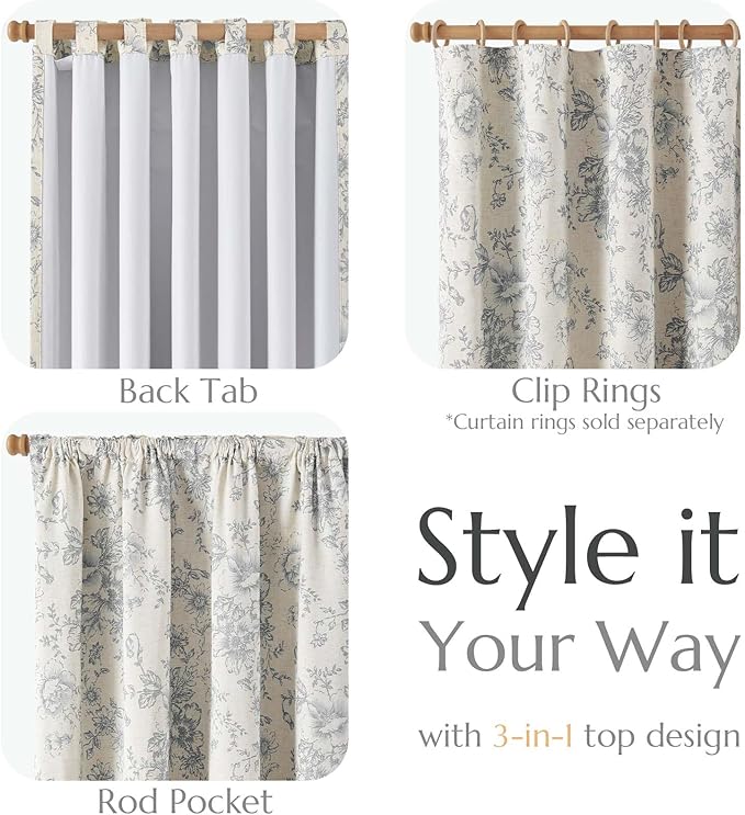 jinchan Blackout Floral Curtains for Living Room Bedroom Linen Blend Curtain Farmhouse Grey Printed with Lined Back Tab Rod Pocket Drapes Window Treatments 2 Panels 63 Inch Gray