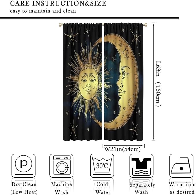 Sun Moon Blackout Windows Curtains, Boho Chic Art Golden Sun Moon and Stars Over Blue Black Sky Antique Style Curtains, for Living Room Bedroom 42x63in 2 Panels