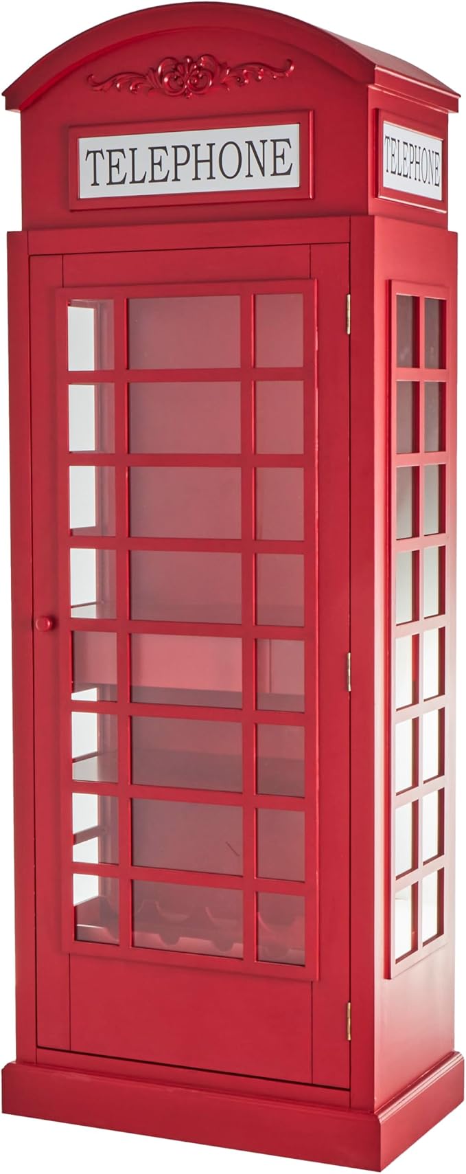 Deco 79 Wooden Telephone Standing Wine Rack Vintage London Booth 2 Shelf and 6 Bottle with Drawer Storage, 26" x 15" x 74", Red