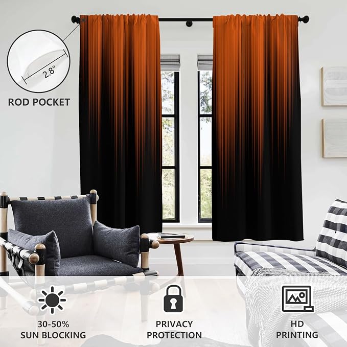 AAtter Orange and Black Window Curtains, 2 Panels, Wide Long 52" W x 84" L | Terracotta Ombre Rod Pocket Drapes, Modern Abstract Striped Style, Cool Anime Design, Large Living Dining Room Decor for Men