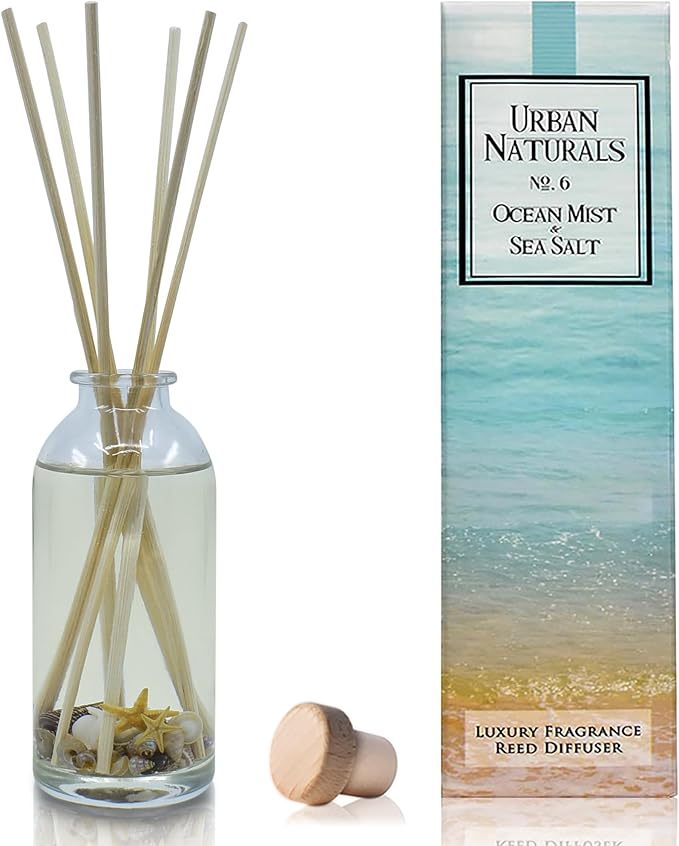 Urban Naturals Reed Diffuser Set, Ocean Mist & Sea Salt - Bathroom Décor | Made with Essential Oils & Real Seashells, Decorative Air Freshener Room Diffuser