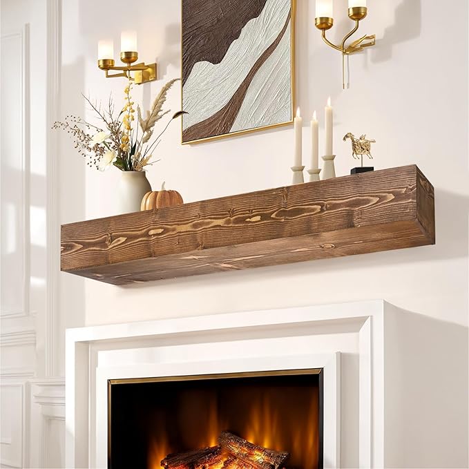 Fireplace Mantel Shelf, 56" Wooden Floating Shelf for Over Fireplace, Wall-Mounted Mantel Shelves, Decorative Mantels, Rustic Floating Mantels Shelves, Brown