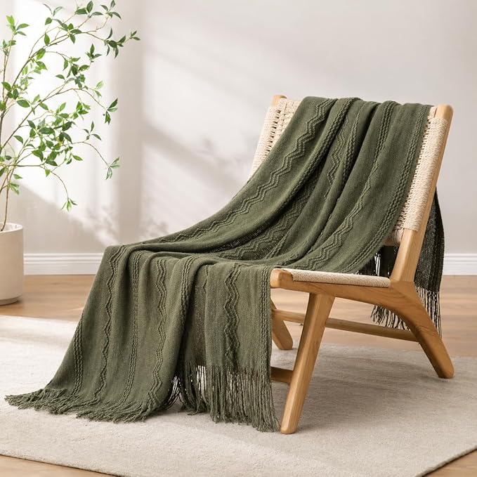 BATTILO HOME Olive Green Throw Blanket for Couch, Soft Army Green Blanket with Tassels for Home Decor, Decorative Knitted Throws for Couch Cover, 50"x60"