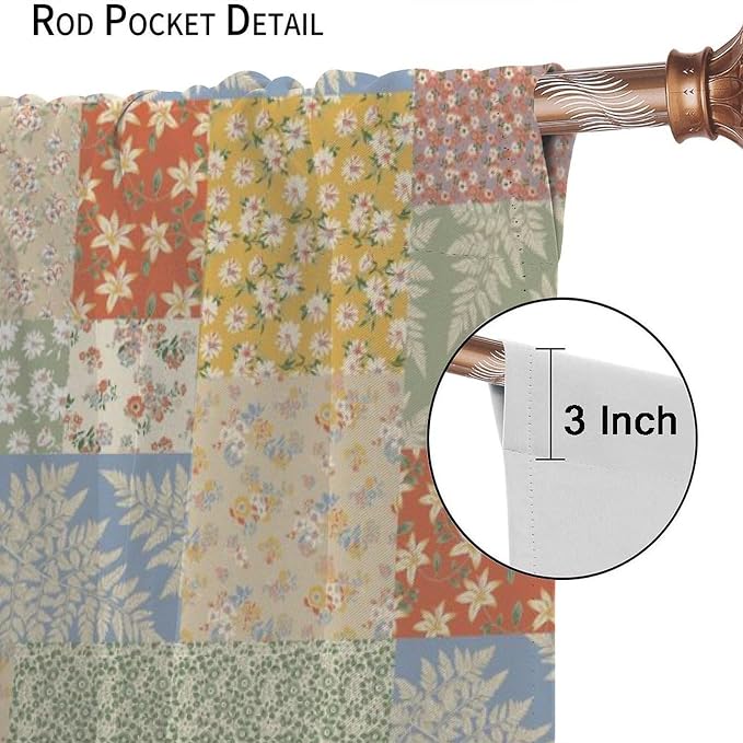 Boho Patchwork Floral Curtains Pieced Patchwork Plaid Design Farmhouse Yellow Print Window Drapes for Bedroom Living Room Kitchen Cafe （W20xL45 Inch） x2 Decor