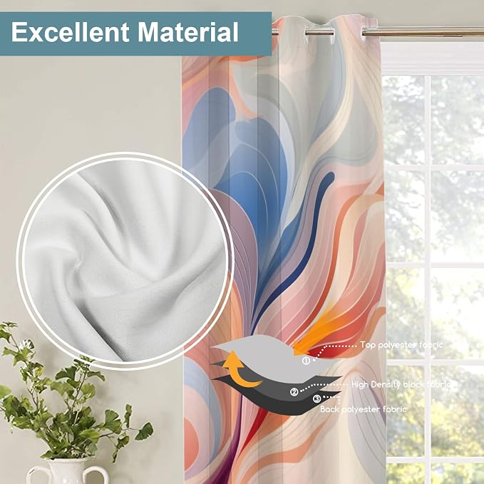 Shrahala Colorful Waves Thermal Insulated Blackout Window Curtains, Fluid Abstract Pattern Long Drapes for Bedroom/Living Room with Plastic Grommet, 52X84 Set of 2