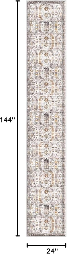 Madane Washable Runner Rugs 2x12 Long for Hallway Kitchen Soft, Brown/Gold | Non-Slip Vintage Printed 12ft Rug Runners with Rubber Backing, Thin Low-Pile Floor Carpet Laundry Room Entryway, Corridor