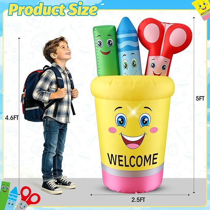 5FT Back to School Inflatable Outdoor Decorations Giant Blow Up Pencil Holder with Crayons & Ruler,Built-in LED Lights for First Day of School Welcome Party Photos Backdrop Classroom Garden Yard Decor