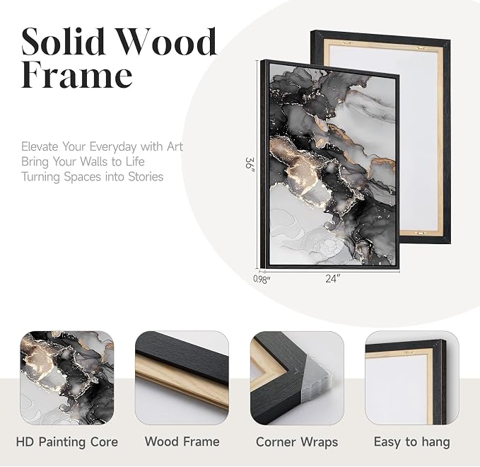 Framed Abstract Black and Gold Wall Art for Living Room, Set of 2 Large Modern Canvas Paintings Prints, Contemporary Marble Motifs Picture Artwork for Bedroom Office Hallway Wall Decor, 24x36 Inch