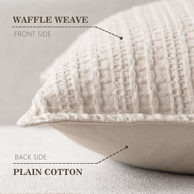 Foindtower Set of 2 Decorative Cotton Waffle Weave Throw Pillow Covers Euro Shams Cushion Covers Accent European Pillowcase for Bed Couch Sofa Bedroom Living Room Home Decor 24×24 Inch Oatmeal