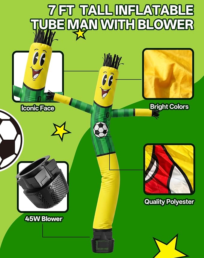 7 FT Inflatable Tube Man with Blower: Soccer Sports Theme Inflatable Dancing Man for Indoor & Outdoor Advertising, Party Decorations, Store Grand Openings, Business & Events (Green)