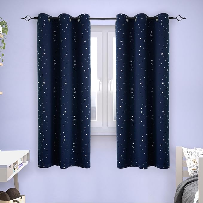 BGment Kids Blackout Curtains for Bedroom - Grommet Thermal Insulated Silver Star Print Room Darkening Curtains for Kids Room, Set of 2 Panels, 38 x 63 Inch, Navy Blue