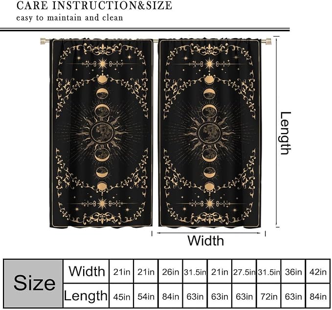 Sun Moon Blackout Curtains, Retro Bohemian Gold Sun Moon Stars Magic Art Window Treatment Drapes for Bedroom Living Room 63" W X 72" L