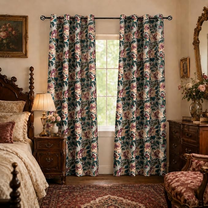 ALIGOGO Vintage Floral Curtains for Living Room - Farmhouse Print Blend Linen Curtains 84 Inch Length 2 Panels, Bohemian Grommet Semi Sheer Doorway Anthro Inspried Decor, 50W x 84 L Inch, Taupe
