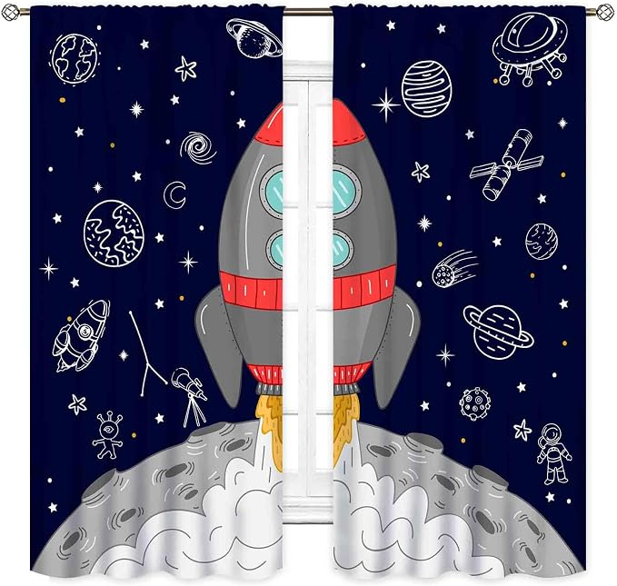 Kids Space Curtains for Boys Room, Cartoon Rocket Universe Galaxy Space Planets Navy Blackout Kids Window Drapery Treatments for Bedroom Living Room Nursery Playroom 2 Panels, 84"x63" Inch