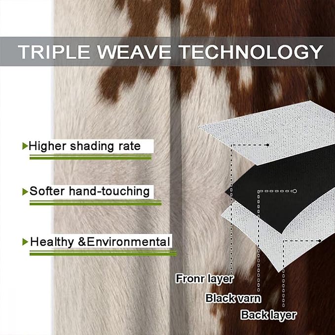 Cowhide Blackout Curtains, Rustic Farm Brown White Cowhide Animal Fur Western Rod Pocket Curtain Window Treatments 2 Panels Drapes for Dining Room Office Living Room Deocr 63" W X 72" L