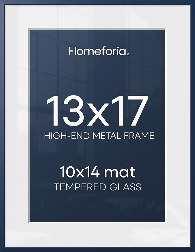 Homeforia 13x17 Picture Frame Navy Blue, High End Metal 13x17 Poster Frames with Mat 10x14 Photo, 13 x 17 Navy Blue Frame Matted to 10 by 14 Print, 17x13 Thin Frame, Tempered Glass, Wall Kit, Set of 1