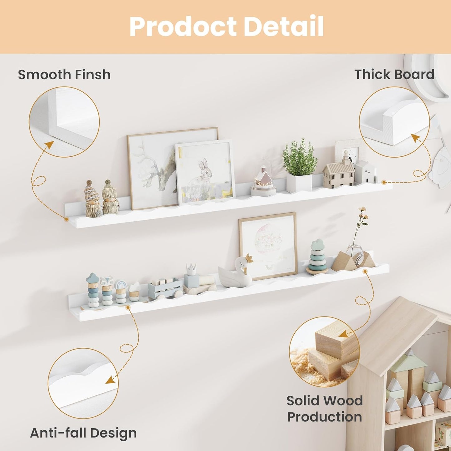 Fun Memories Picture Ledge Shelf for Wall, 48 inch Pine Wood Nursery Book Shelves Set of 2- Wall Book Shelves for Kids Room, Home Decor - Kitchen Spice-White