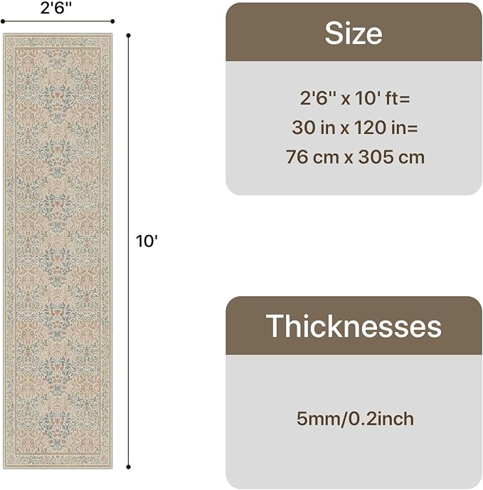 GENIMO 2.5x10 Washable Long Runner Rug, Non Slip Hallway Mat, Beige Pink | Vintage Boho Floral Low Pile Thin Mat for Entryway, Kitchen, Bedroom, Indoor Decor