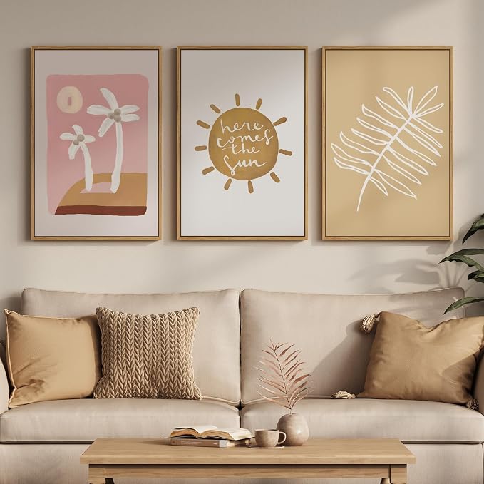 Framed Pink Brown Boho Wall Art Bedroom, 3 Piece Summer Neutral Palm Tree Canvas Prints Artwork for Walls, Tropical Coastal Botanical Sun Paintings for Bathroom Nursery Girl Room Wall Decor, 16x24 In